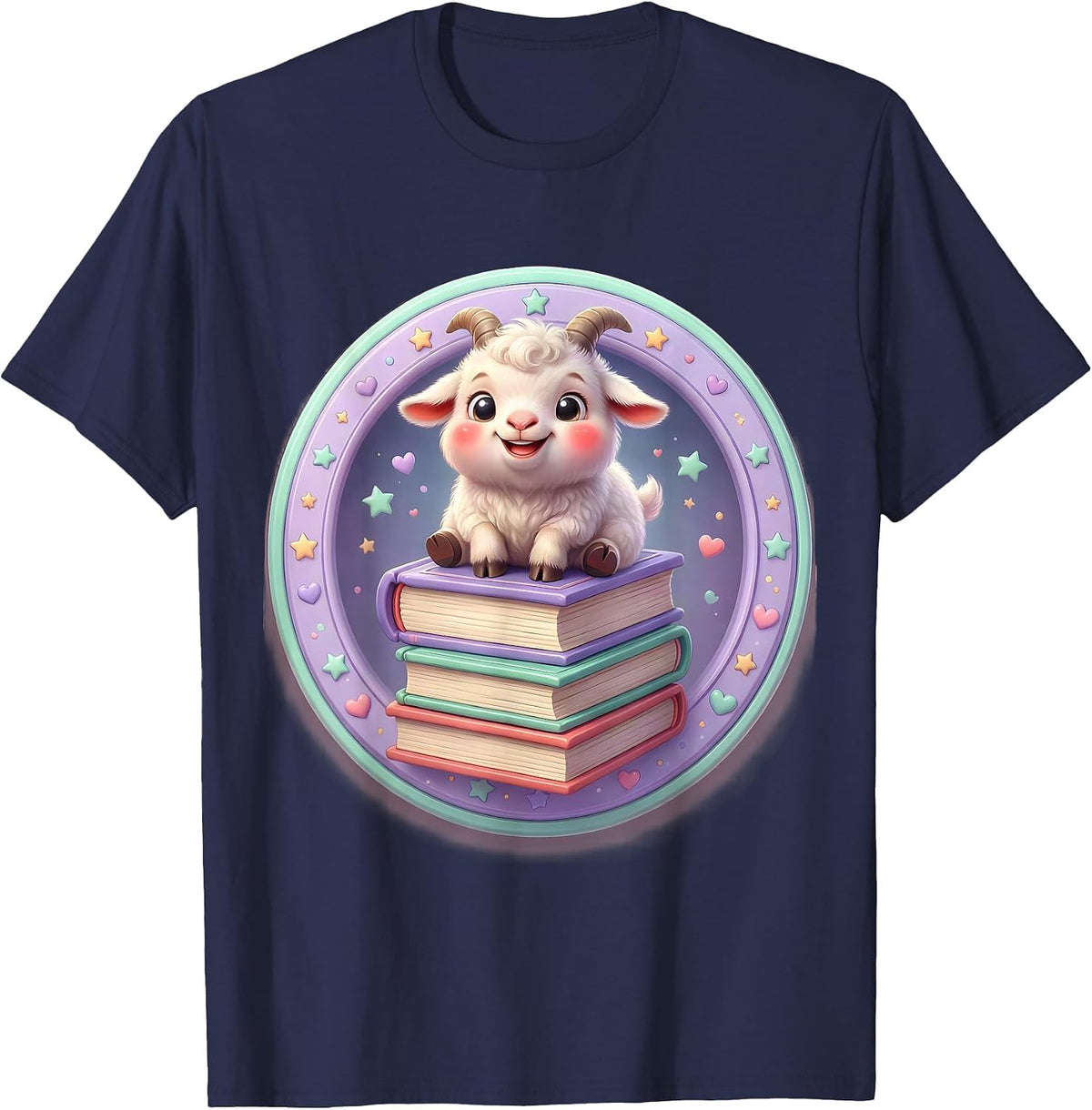 Men's Goat Standing on Stacked Books Illustration T-Shirt - Navy Blue