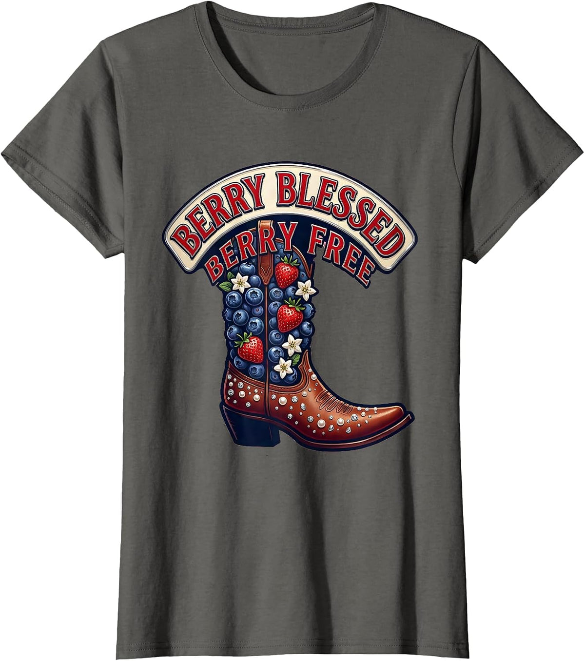 Women's Berry Blessed Berry Free Red White and Blueberries T-Shirt - Asphalt Grey