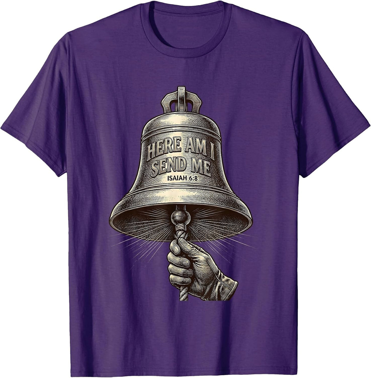 Men's Here Am I Send Me Isaiah 68 Crosshatch Etching Christian T-Shirt - Purple