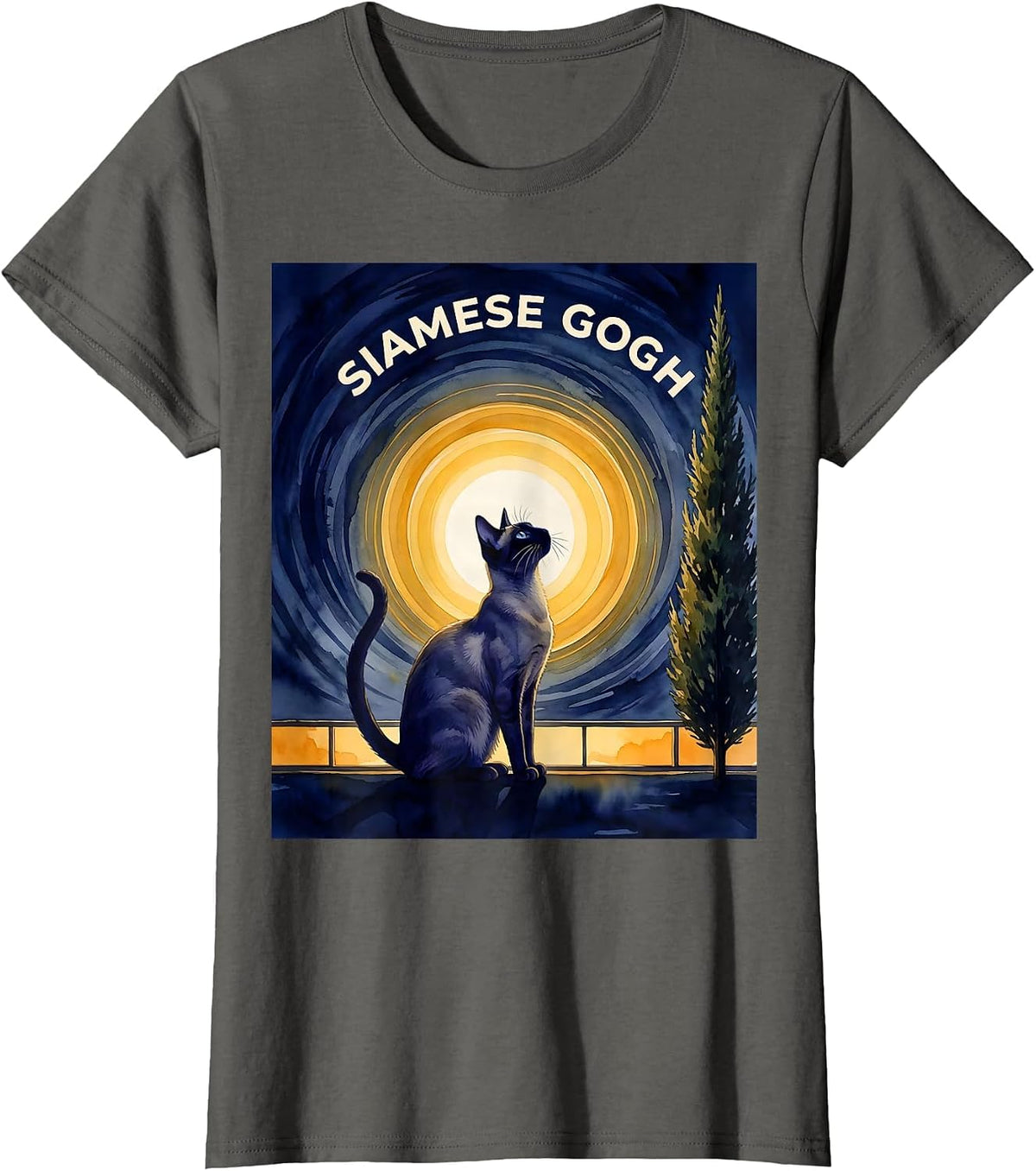 Women's Siamese Gogh Watercolor Cat Lover Van Gogh Art Parody T-Shirt - Asphalt Grey
