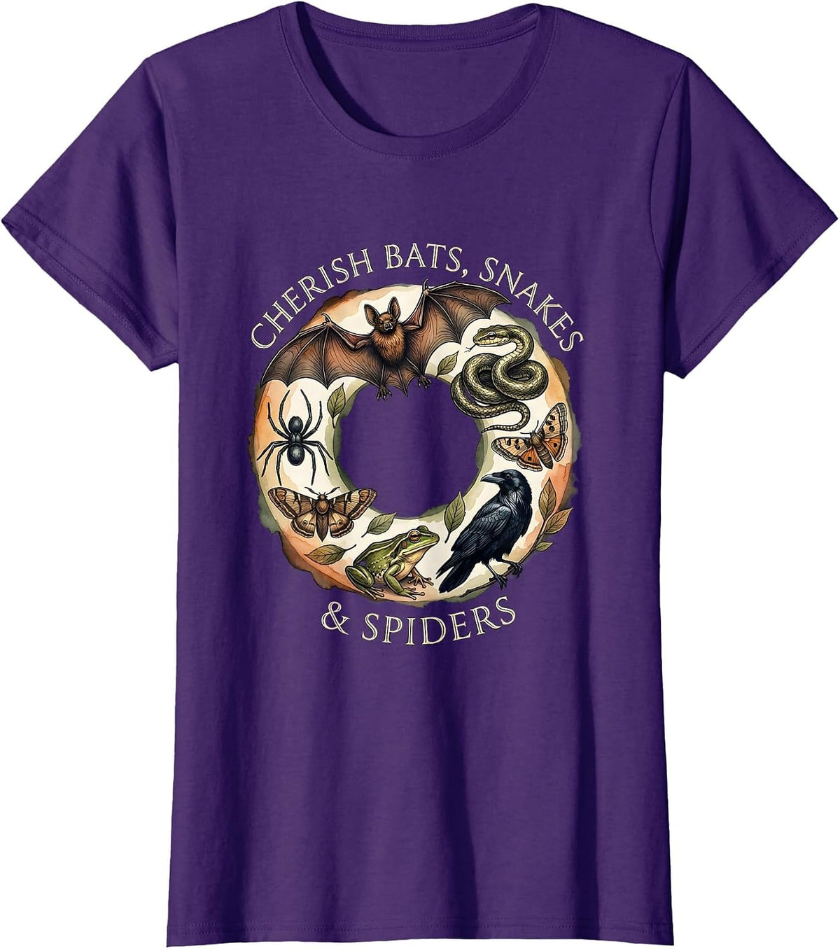 Women's Cherish Bats, Snakes & Spiders Watercolor Nature Lover Gift T-Shirt - Purple