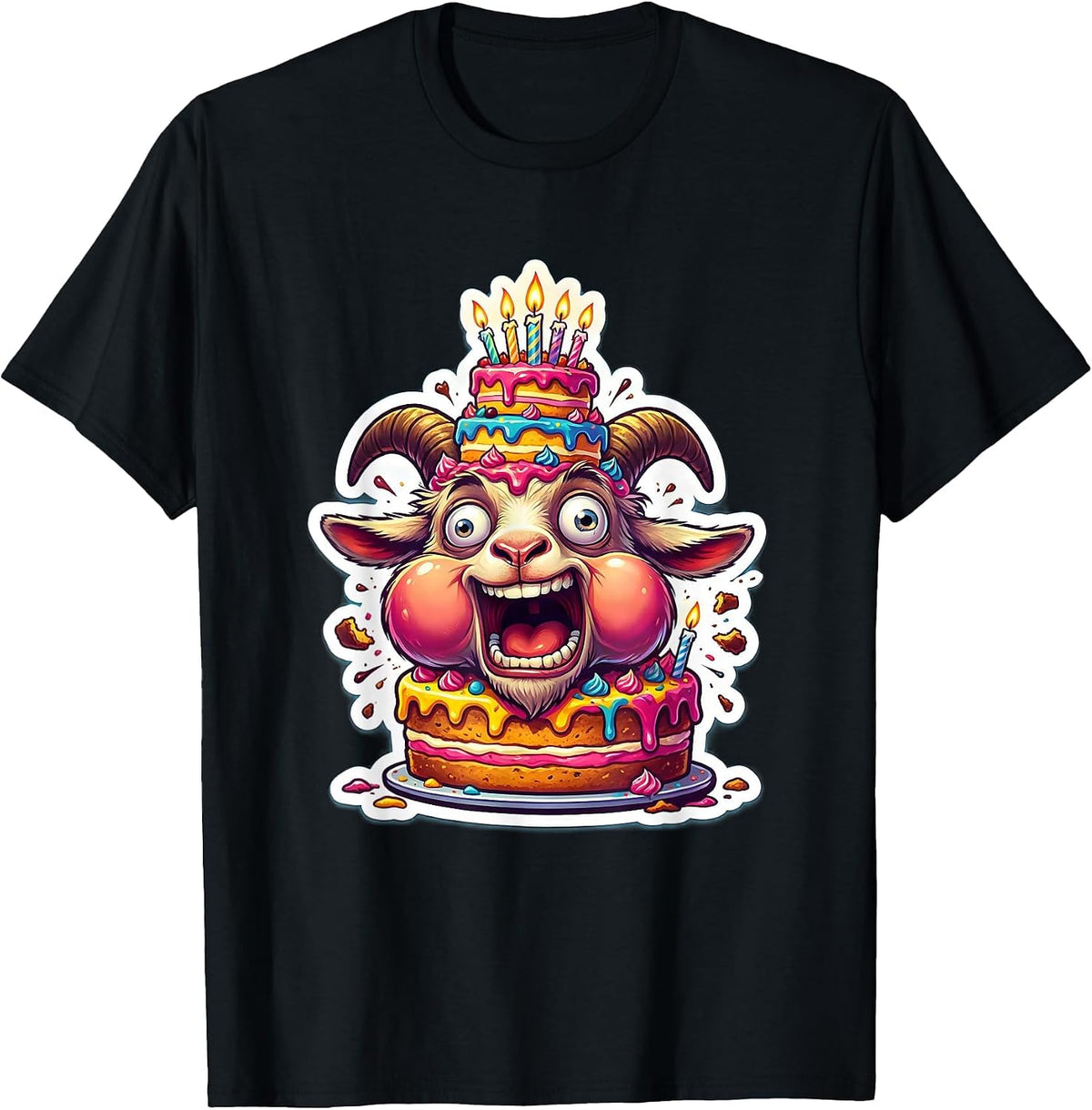 Men's Funny Goat Eating Birthday Cake Illustration T-Shirt - Black