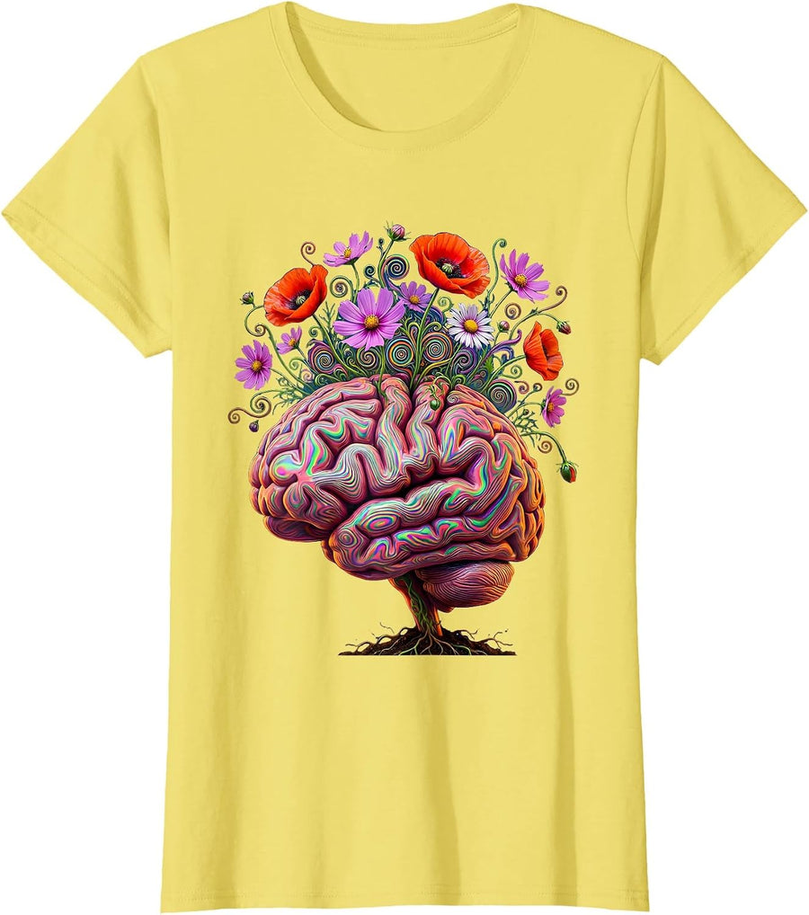 Women's Blooming Brain Wildflower Neurodiversity Art T-Shirt - Lemon Yellow