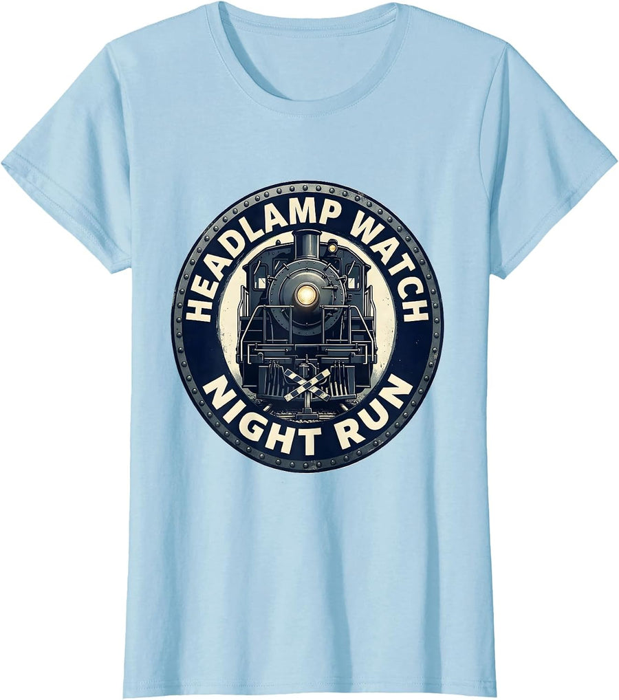 Women's Headlamp Watch Night Run Vintage Steam Locomotive Train T-Shirt - Baby Blue