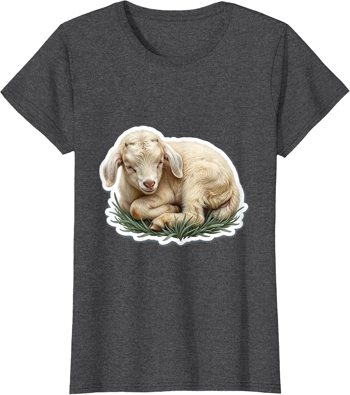 Women's Sleeping Baby Goat Curled Up in Grass T-Shirt - Dark Heather Grey