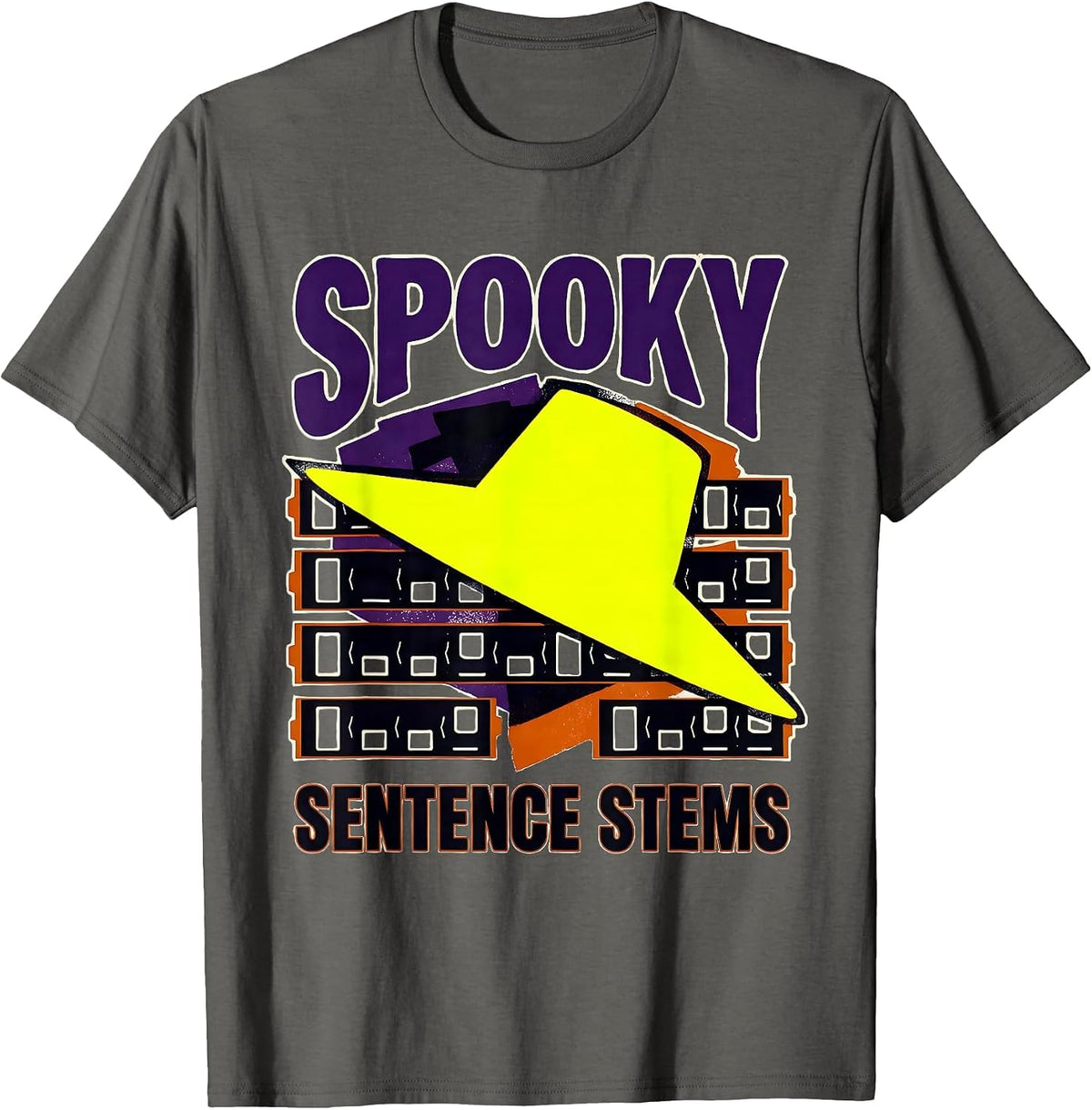 Spooky Sentence Stems Stencil Graphic Teacher Halloween T-Shirt - Asphalt Grey