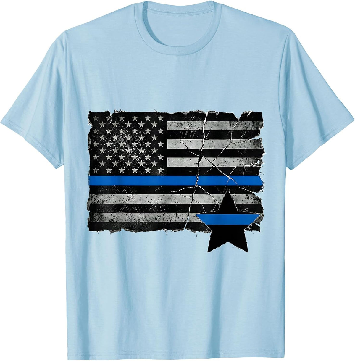 Men's Distressed Thin Blue Line American Flag Police Support T-Shirt - Baby Blue