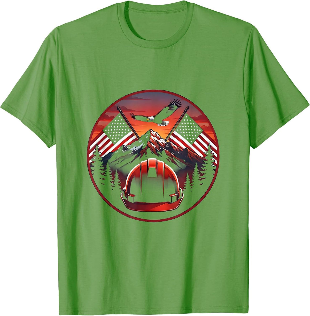 Men's Hard Hat Crossed American Flags Patriotic Design T-Shirt - Grass Green