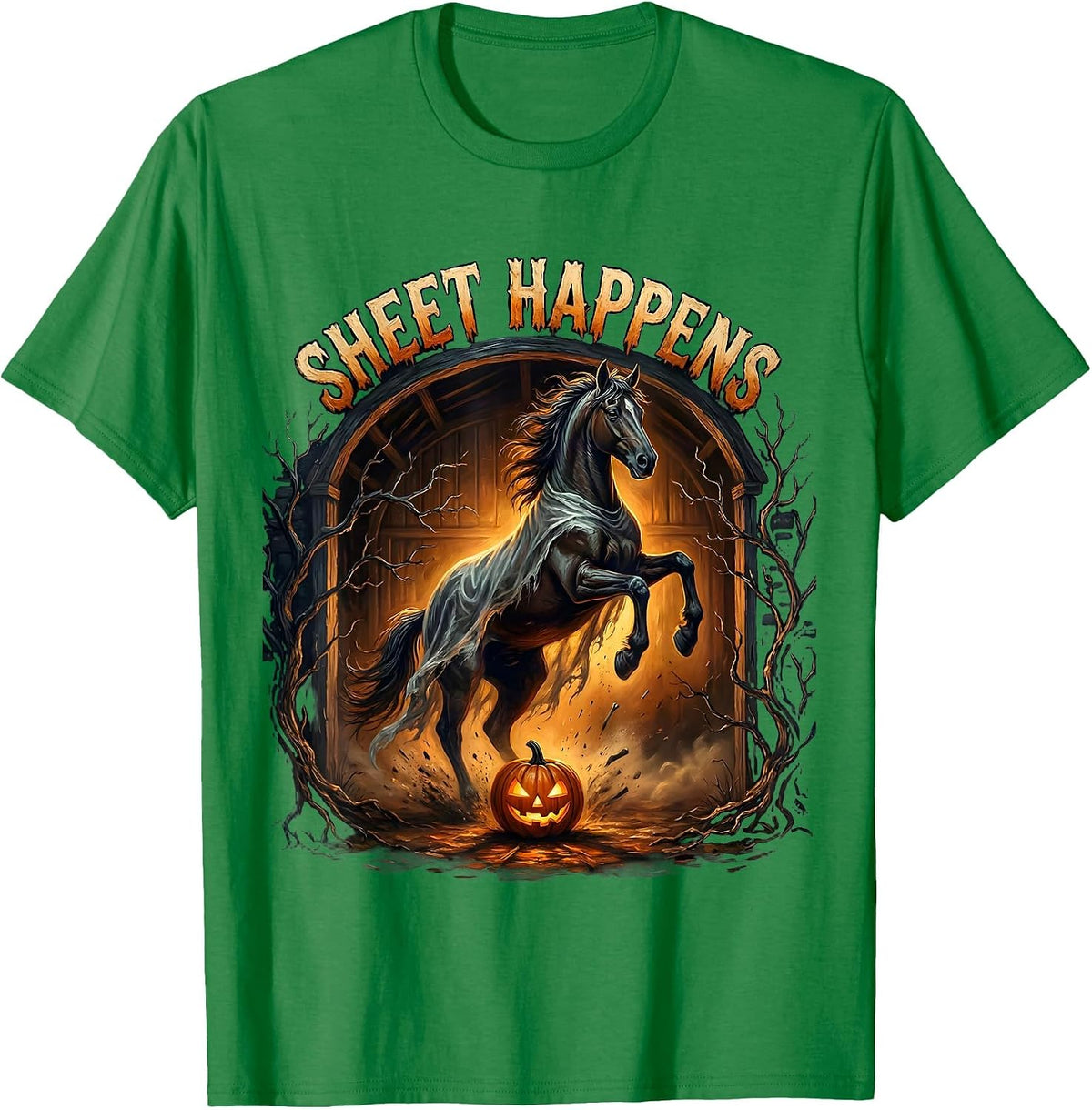 Men's Sheet Happens Gothic Horror Halloween Horse Lover Equestrian T-Shirt - Kelly Green