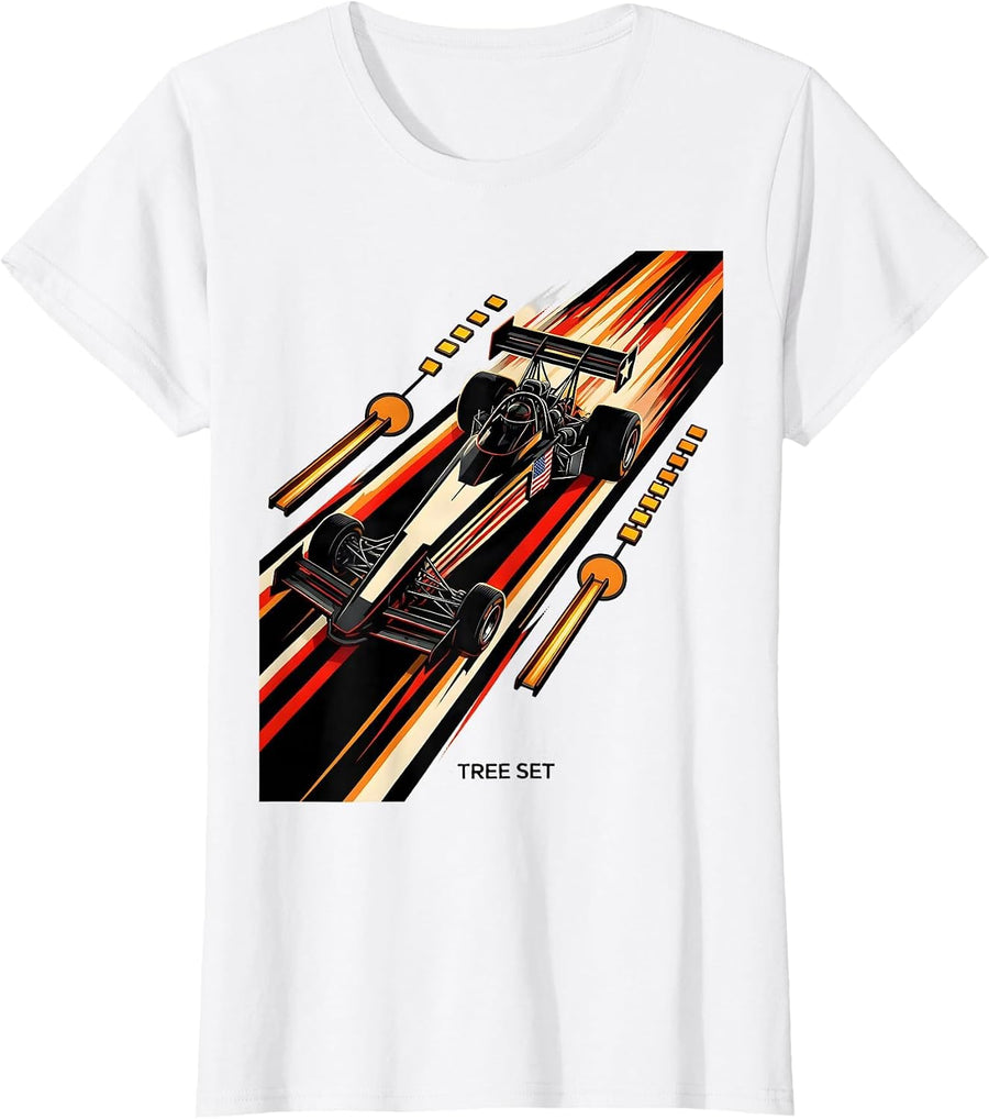 Women's Tree Set Futurist RC Dragster Racing American Flag Hobbyist T-Shirt - White