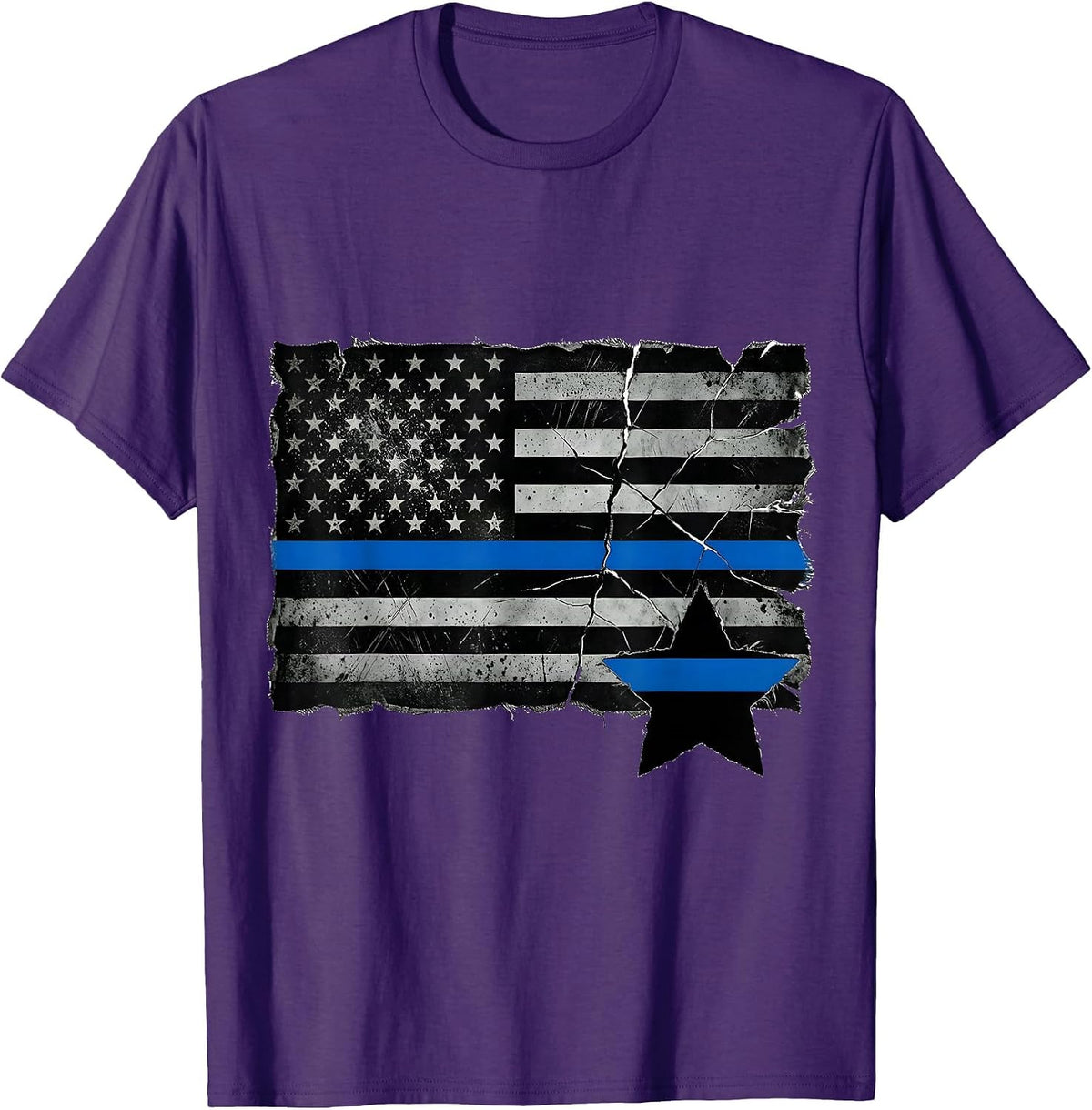 Men's Distressed Thin Blue Line American Flag Police Support T-Shirt - Purple