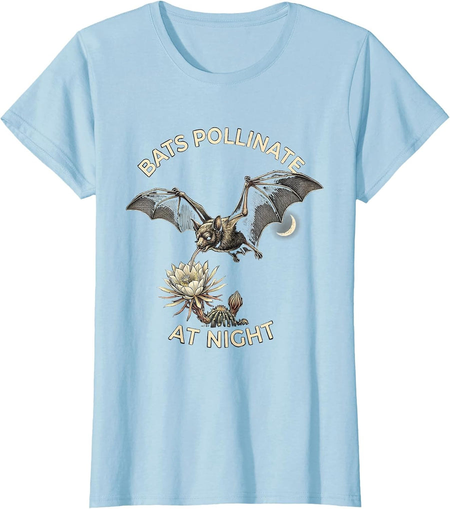 Women's Bats Pollinate At Night Vintage Bat Lover Nature T-Shirt - Baby Blue