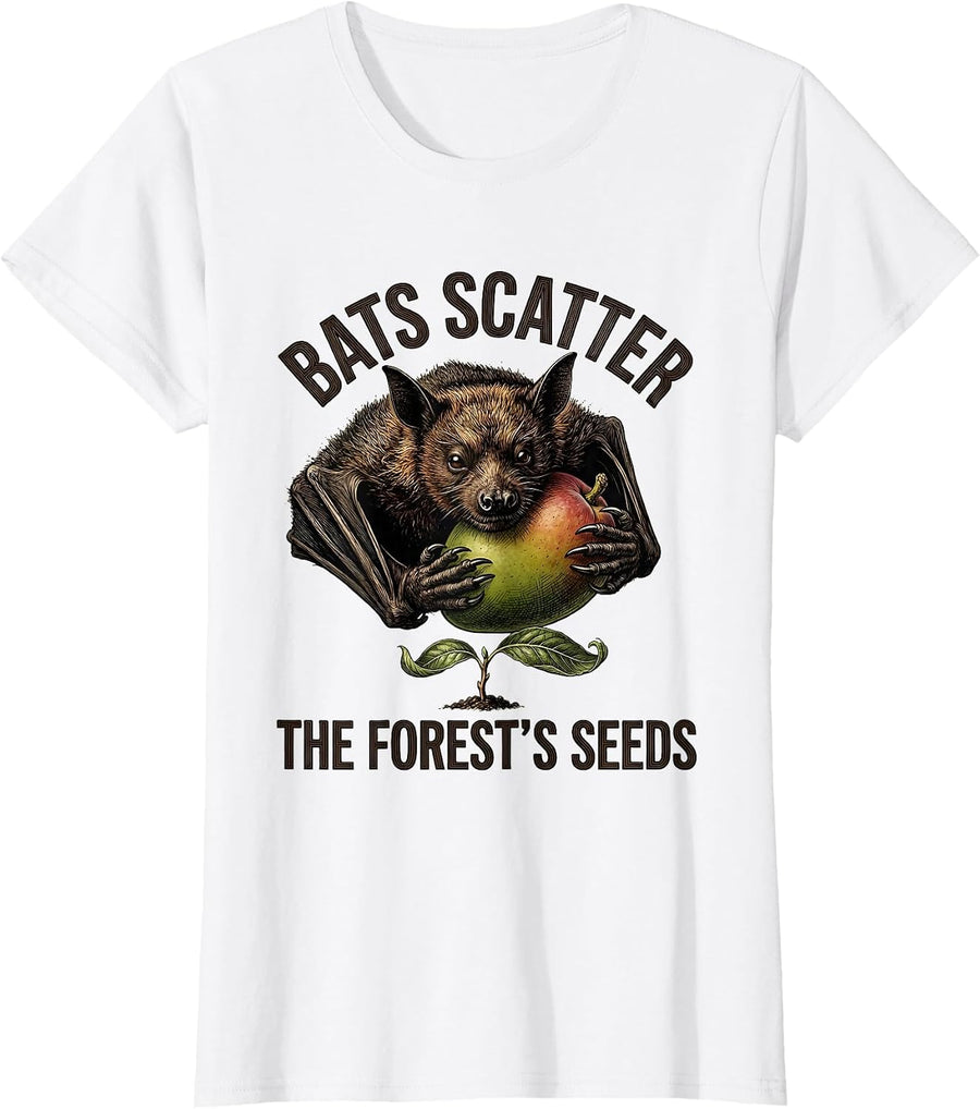 Women's Bats Scatter The Forest's Seeds Botanical Vintage Bat Lover T-Shirt - White
