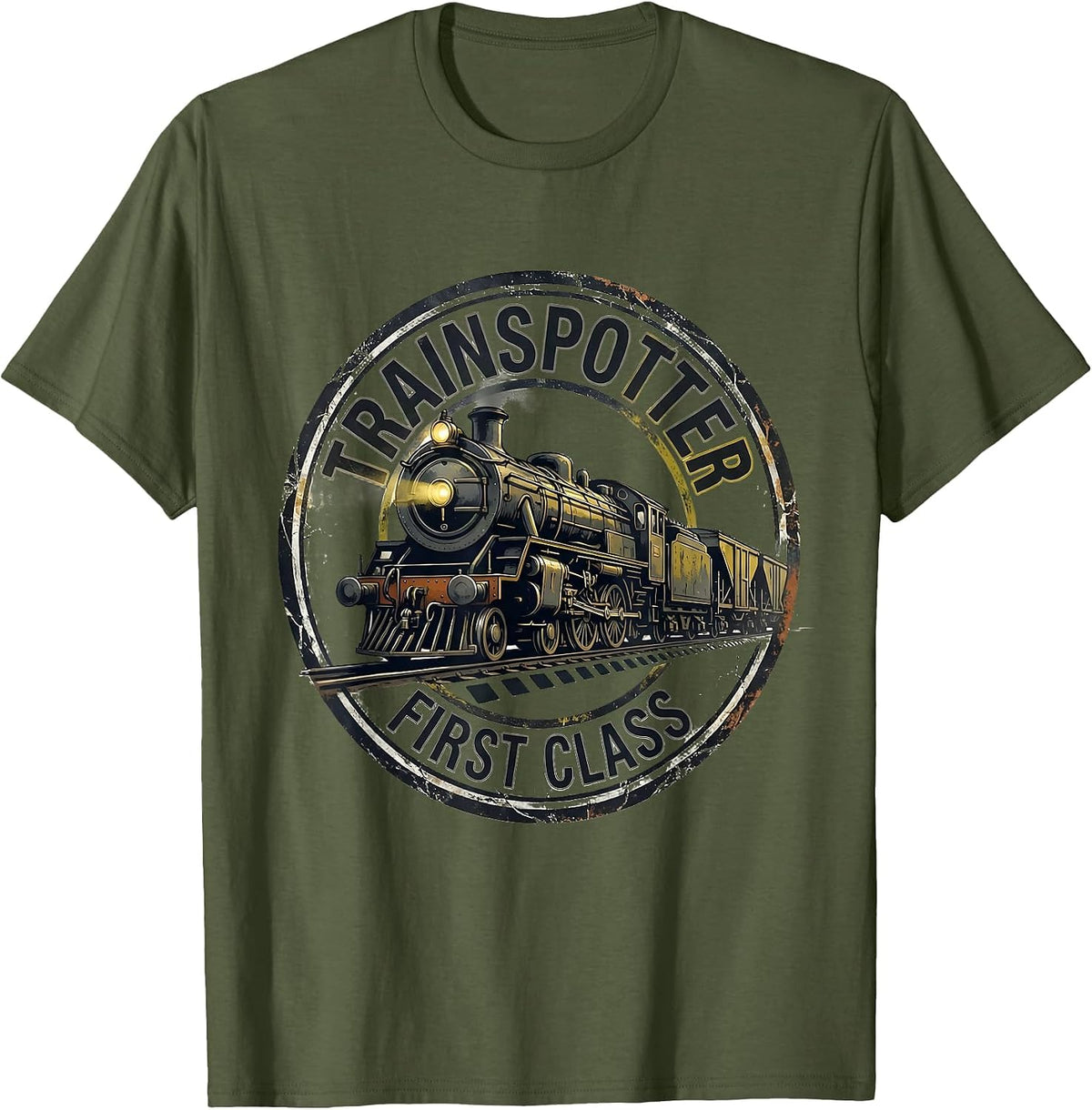 Trainspotter First Class Distressed Steam Locomotive Train T-Shirt - Olive Green