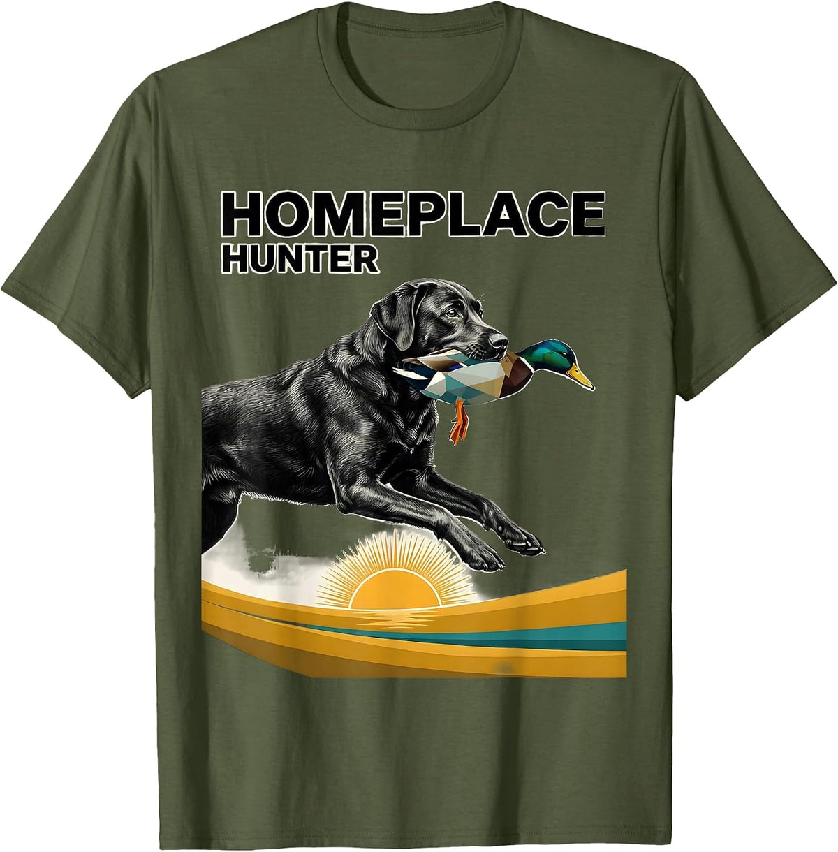Homeplace Hunter Midcentury Modern Labrador Duck Hunting T-Shirt - Olive Green