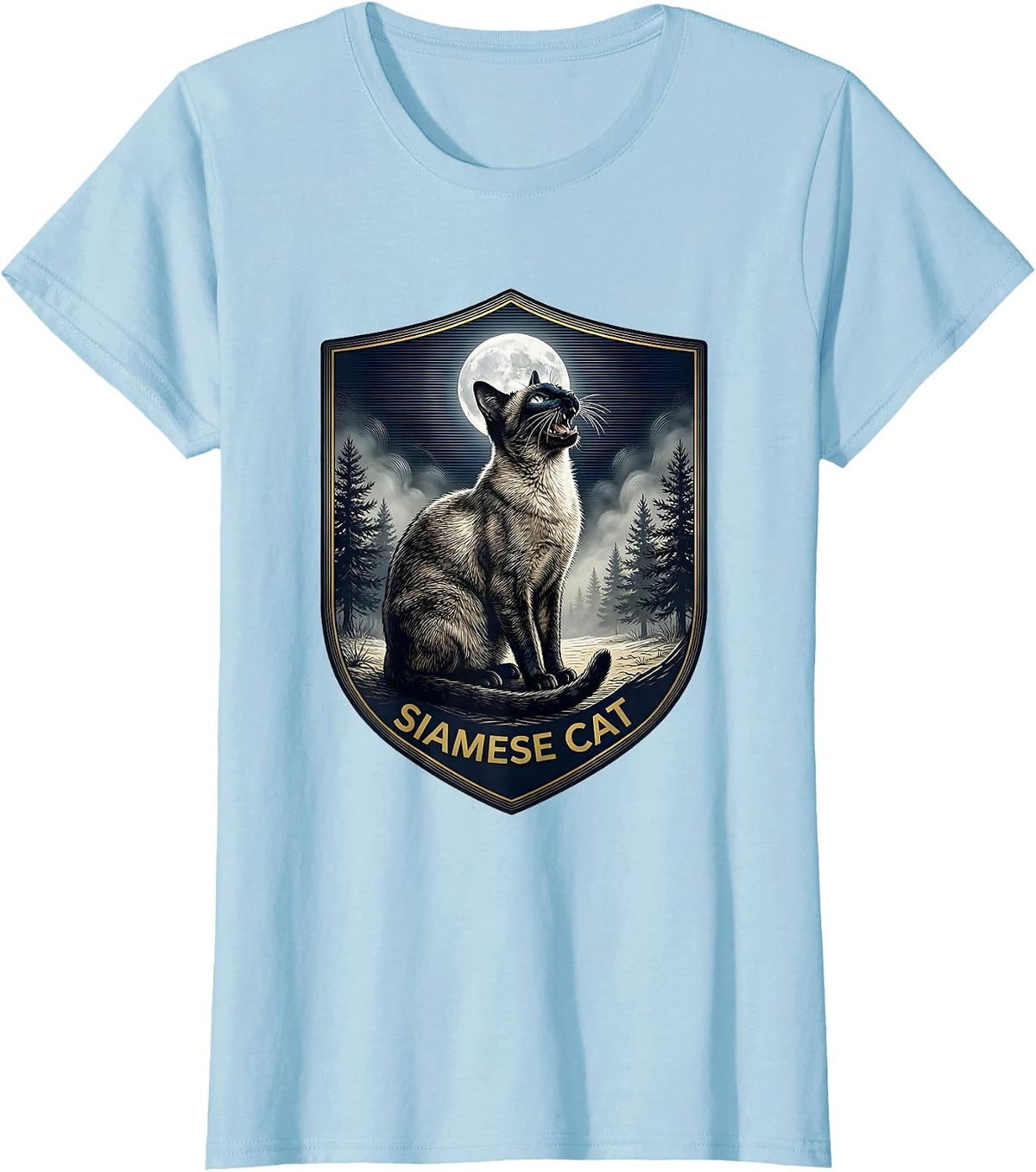 Siamese Cat Howling at Moon 90's Retro T-Shirt - Baby Blue