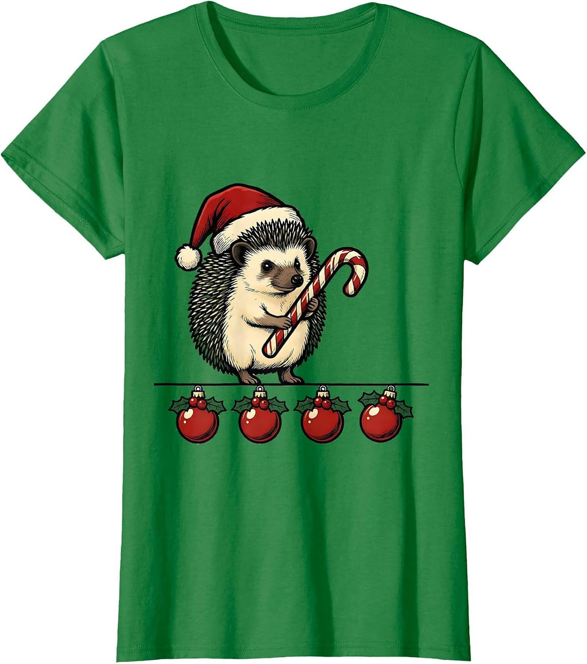 Women's Cheerful Hedgehog Holiday Pajama Family Matching Fun T-Shirt - Kelly Green