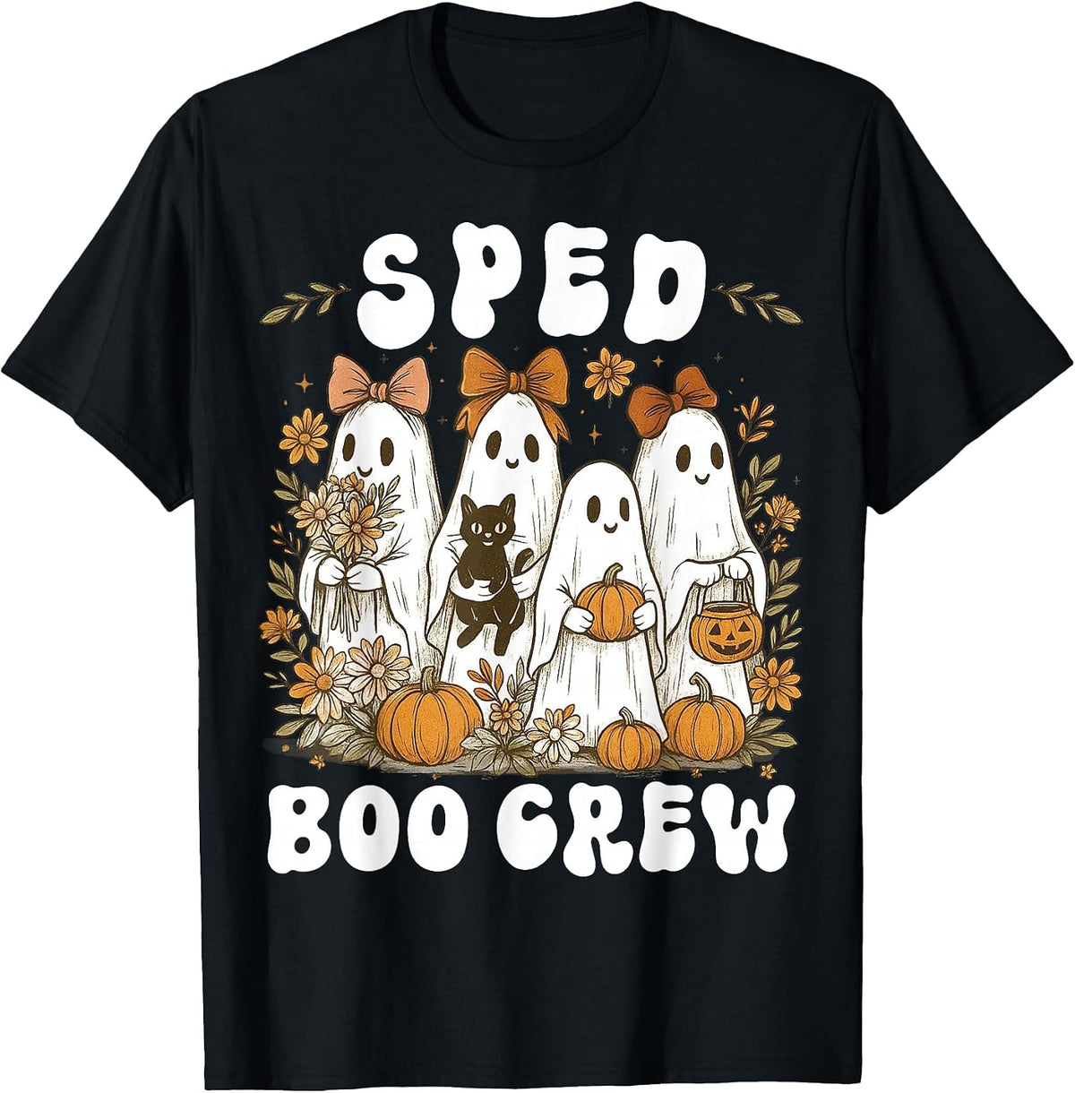 Boo Crew SPED Teacher Wildflower Halloween Ghost Preppy Bow T-Shirt - Black