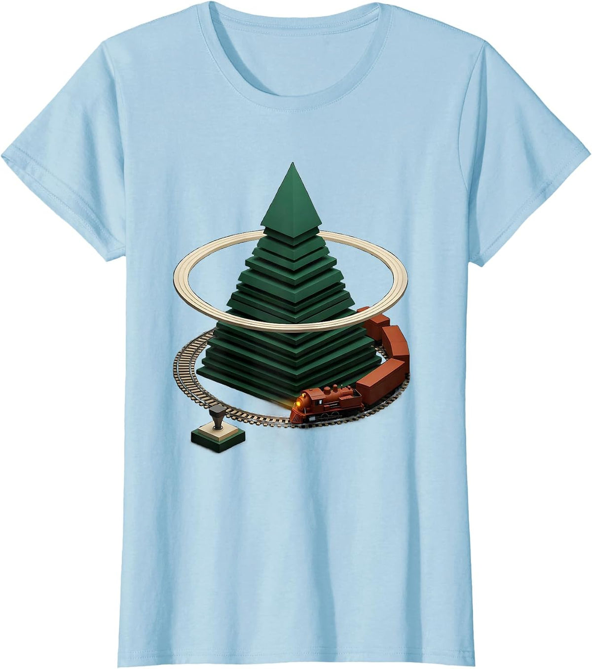 Stacked Tree Train Geometric Vintage Holiday T-Shirt - Baby Blue