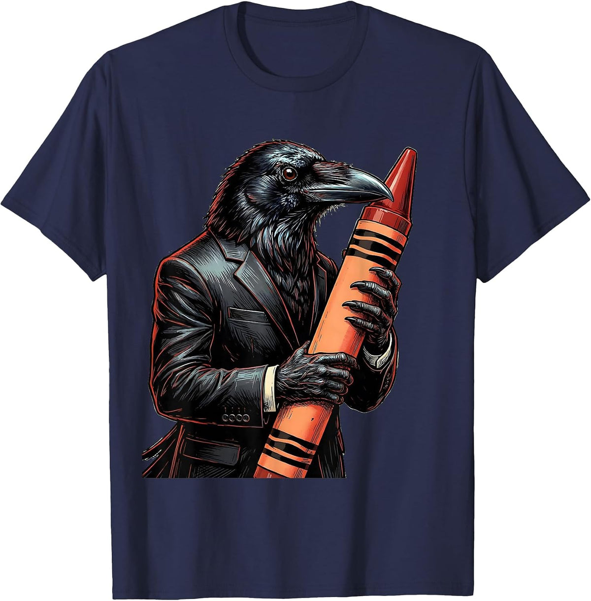 Men's Crow in Suit Holding Crayon Funny Adult Art T-Shirt - Navy Blue