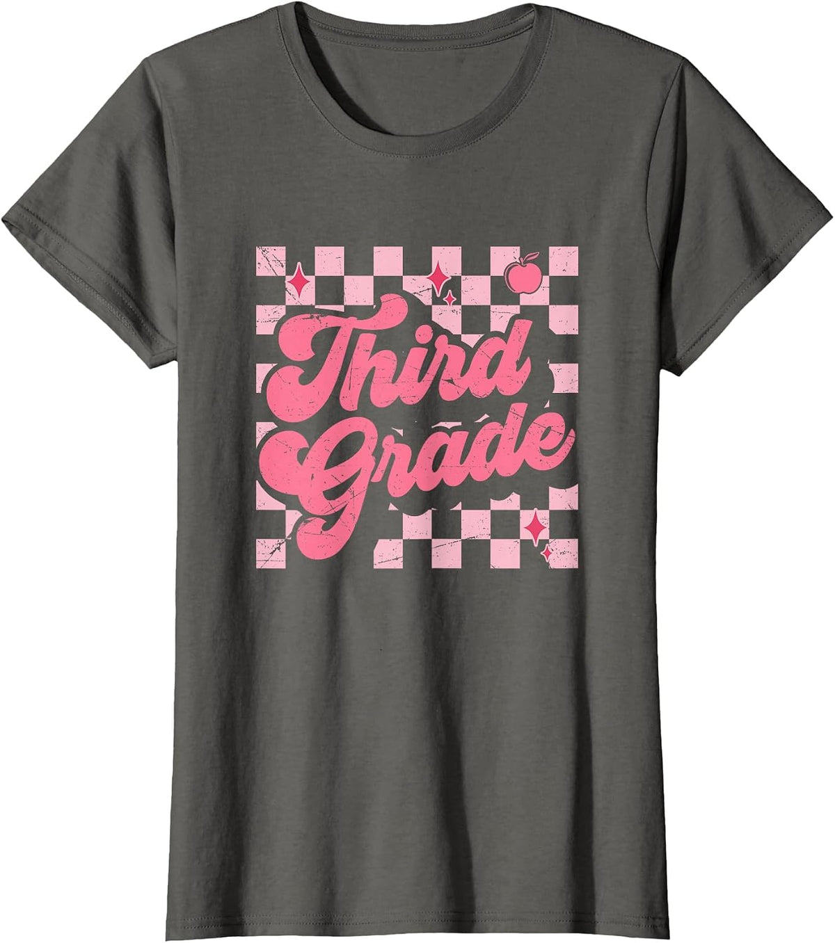 Third Grade Pink Checkered Retro 3rd Grade Teacher Kids Girl T-Shirt - Asphalt Grey