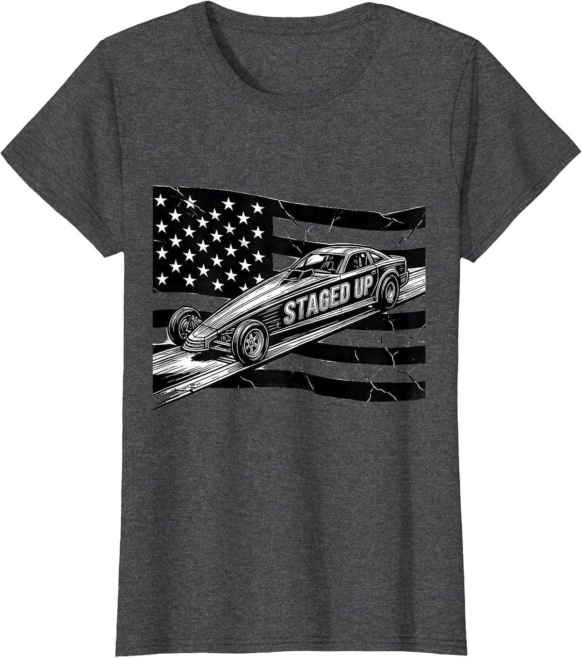 Women's Staged Up Line Art RC Dragster American Flag Racing Hobbyist T-Shirt - Dark Heather Grey