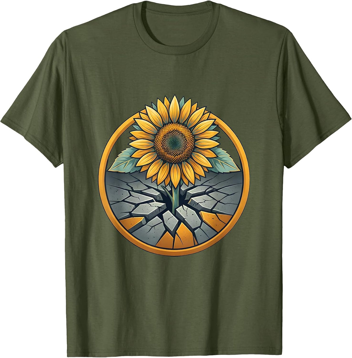Men's Neurodiversity Sunflower Through Cracked Concrete T-Shirt - Olive Green
