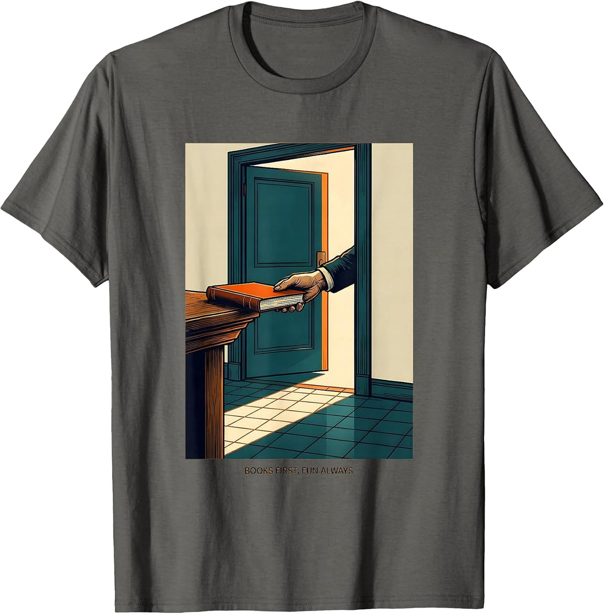Books First Fun Always Funny Librarian Book Lover Reader T-Shirt - Asphalt Grey