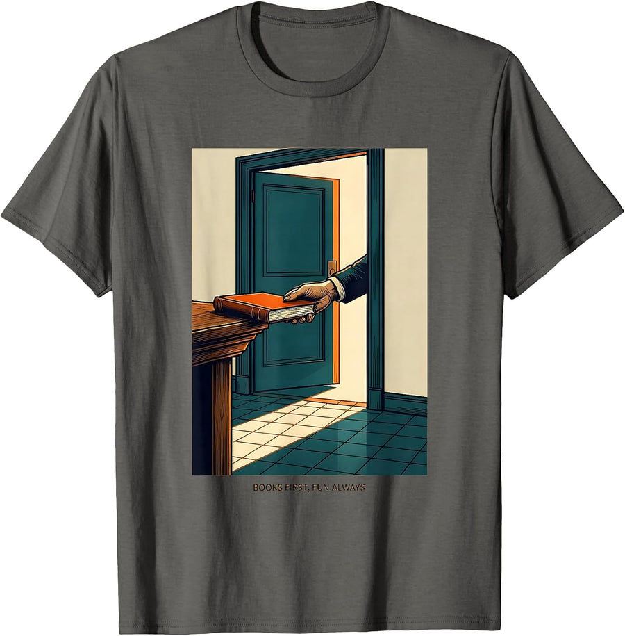 Books First Fun Always Funny Librarian Book Lover Reader T-Shirt - Asphalt Grey