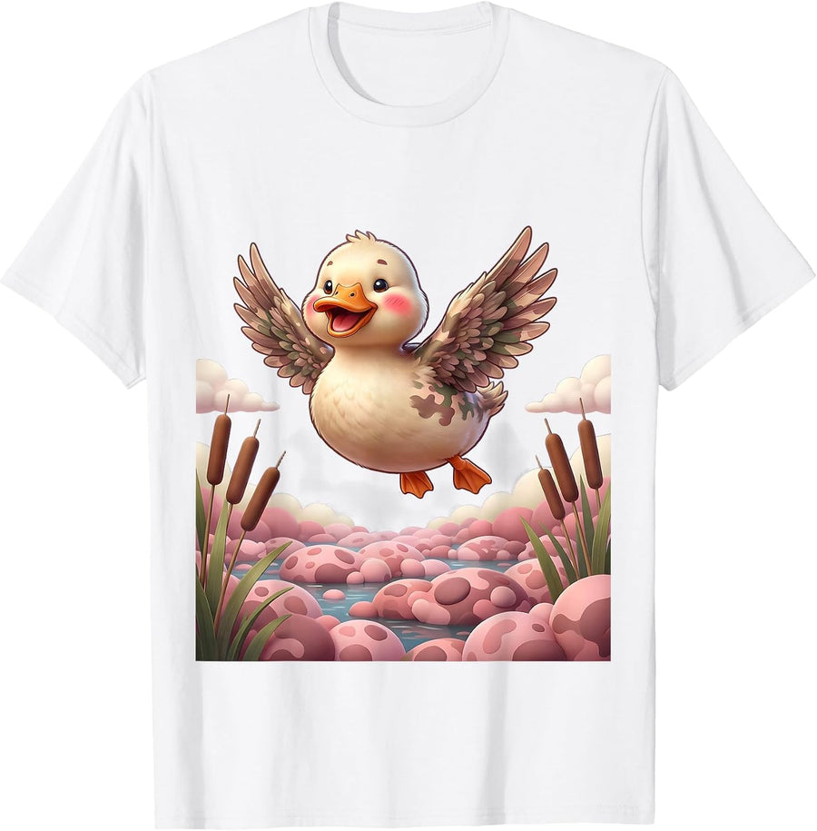 Men's Duck Flying Over Pink Camo Marshland T-Shirt - White