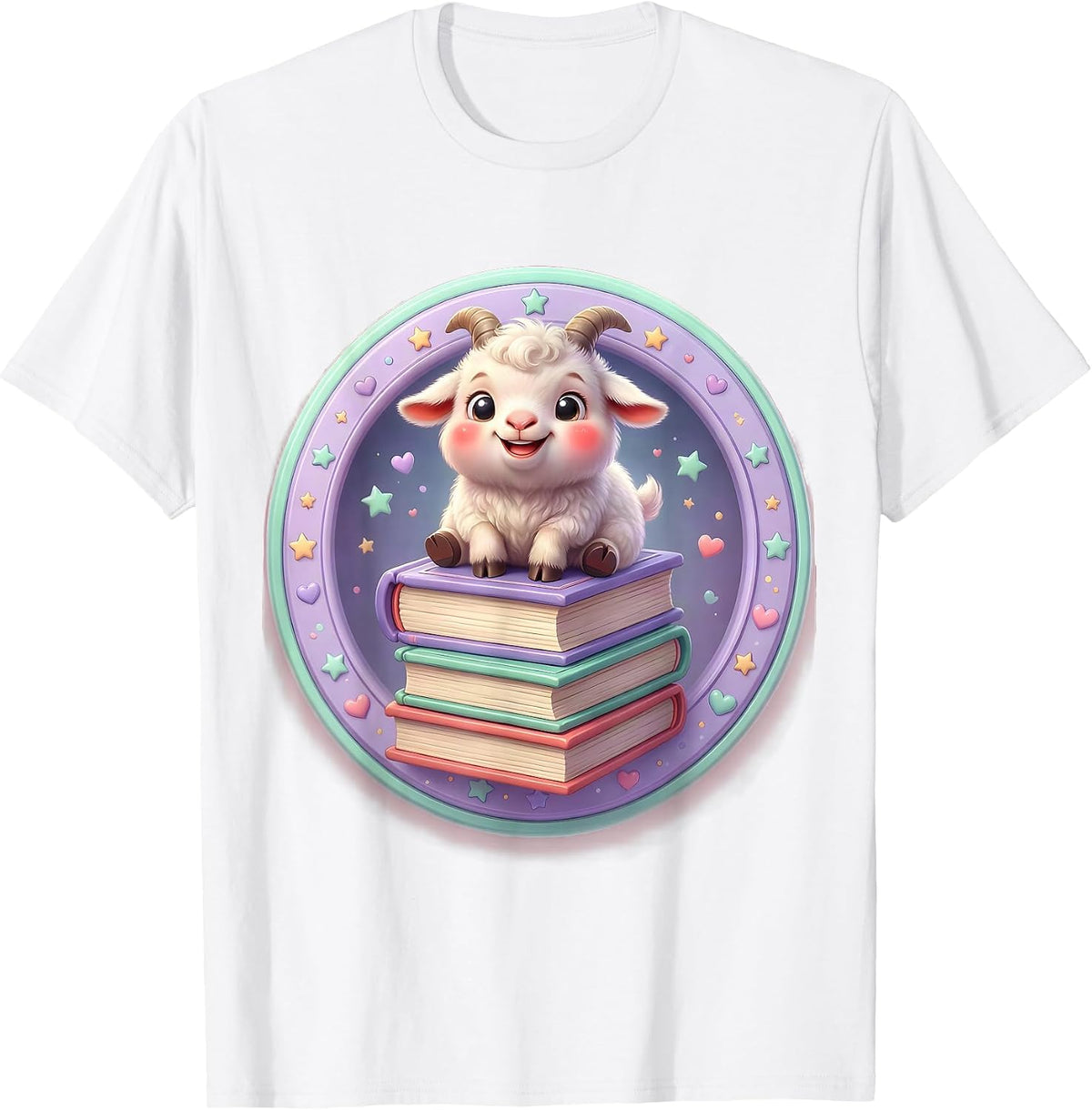 Men's Goat Standing on Stacked Books Illustration T-Shirt - White