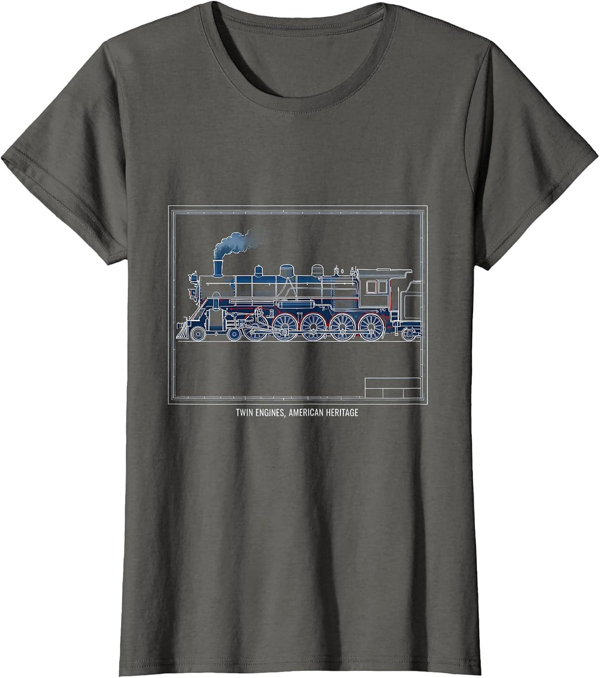 Women's Twin Engines, American Heritage Steam Locomotive Enthusiast T-Shirt - Asphalt Grey