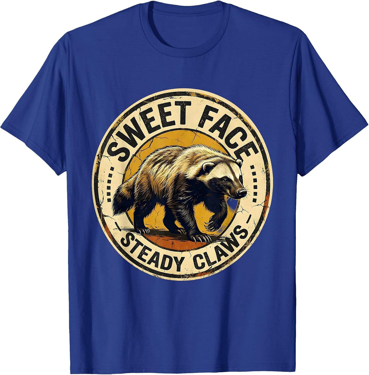 Sweet Face, Steady Claws Distressed Honey Badger Wildlife T-Shirt - Royal Blue