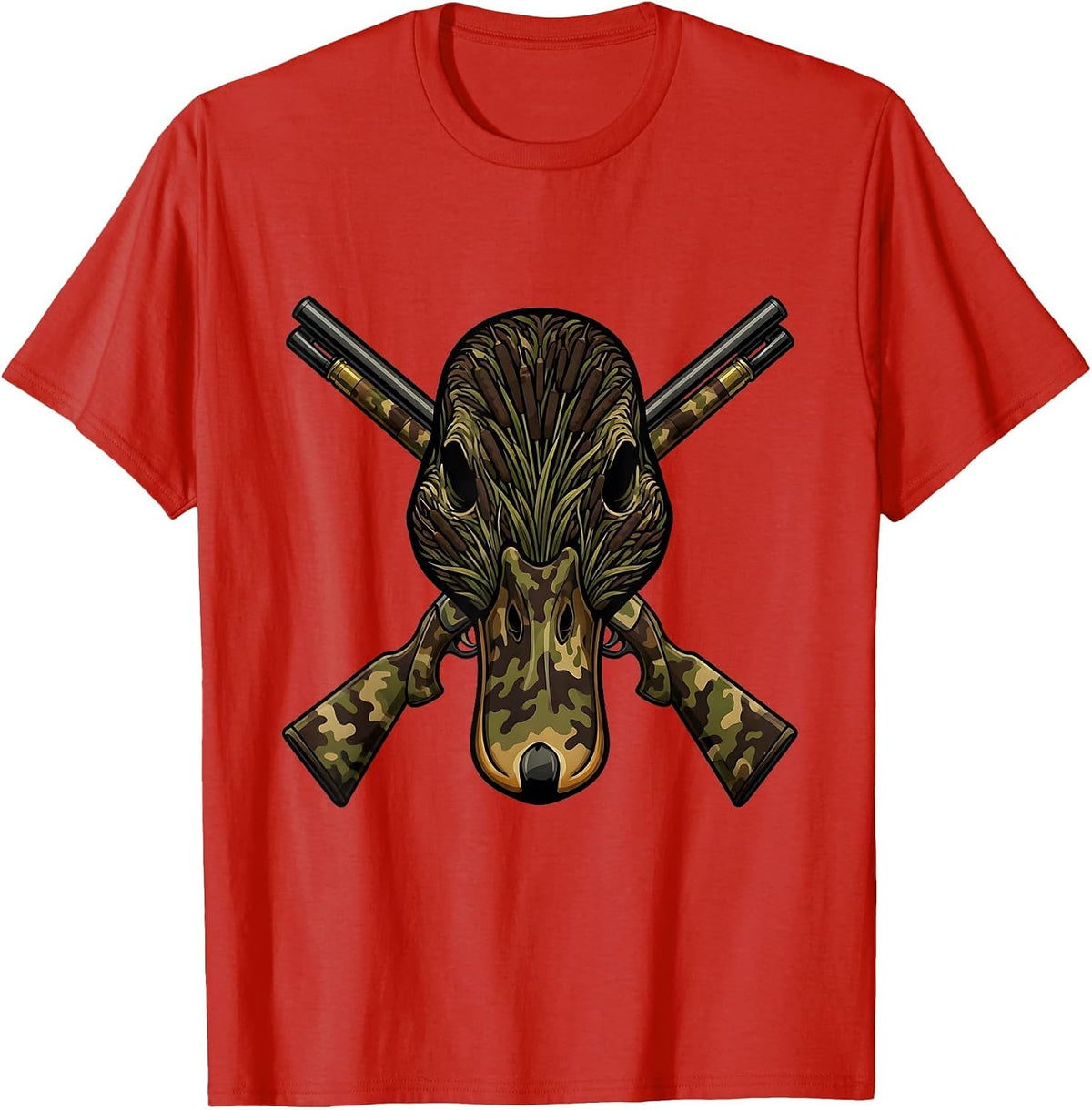 Men's Duck Camo Skull Crossed Shotgun Shells Design T-Shirt - Red