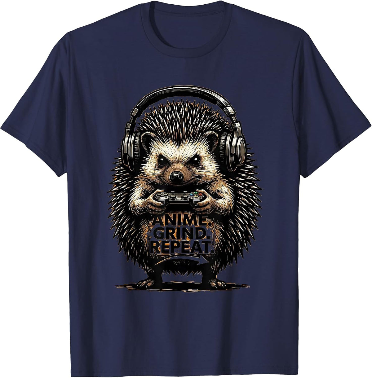 Anime Grind Repeat Linocut Hedgehog Gamer Mascot Funny T-Shirt - Navy Blue