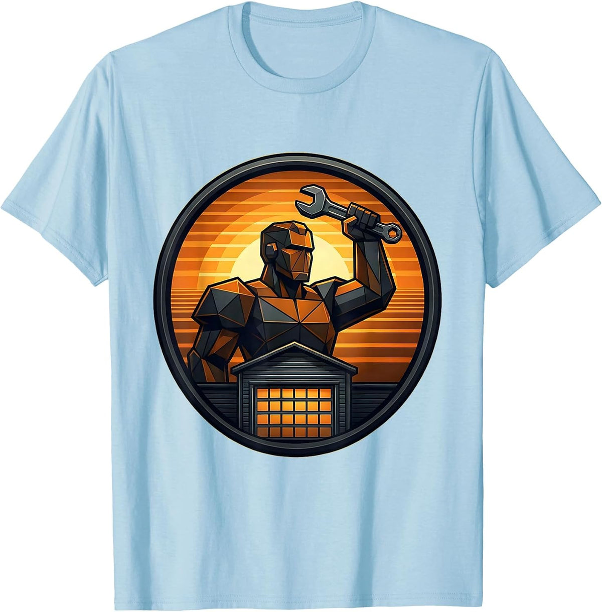 Men's Mechanic Silhouette Sunset Garage Graphic T-Shirt - Baby Blue