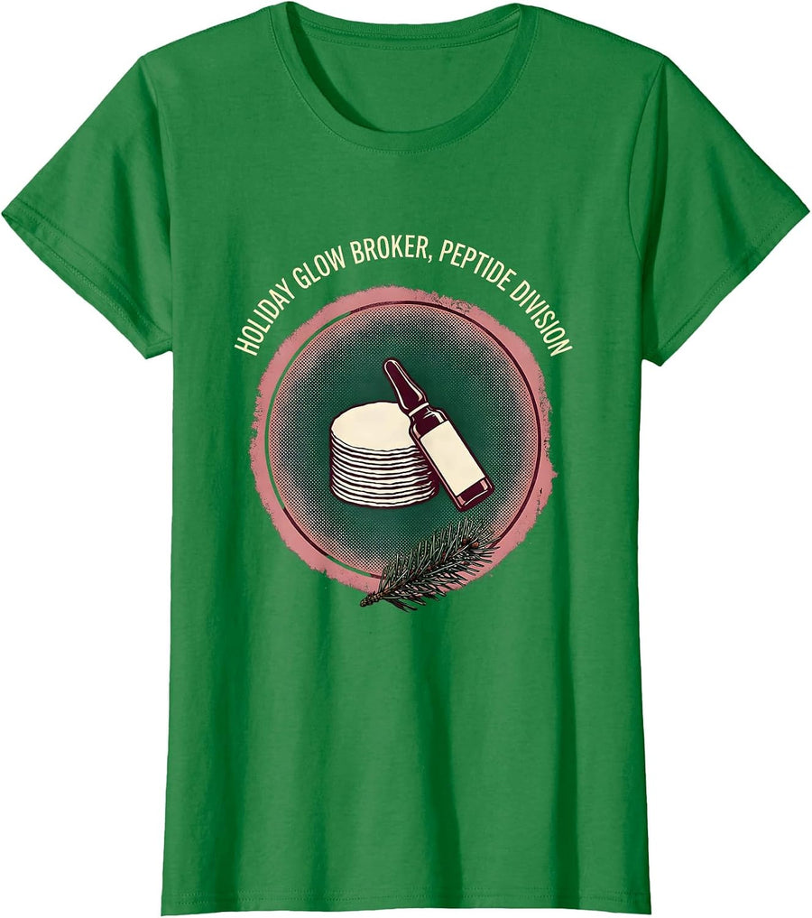 Women's Holiday Glow Broker Peptide Division Esthetician Dermatology T-Shirt - Kelly Green