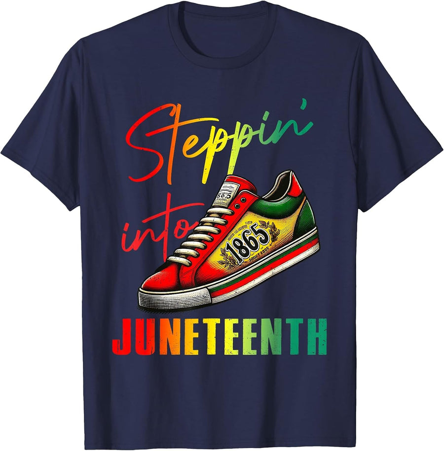 1865 Juneteenth Youth Shoes Steppin' Into Like My Ancestors T-Shirt - Navy Blue