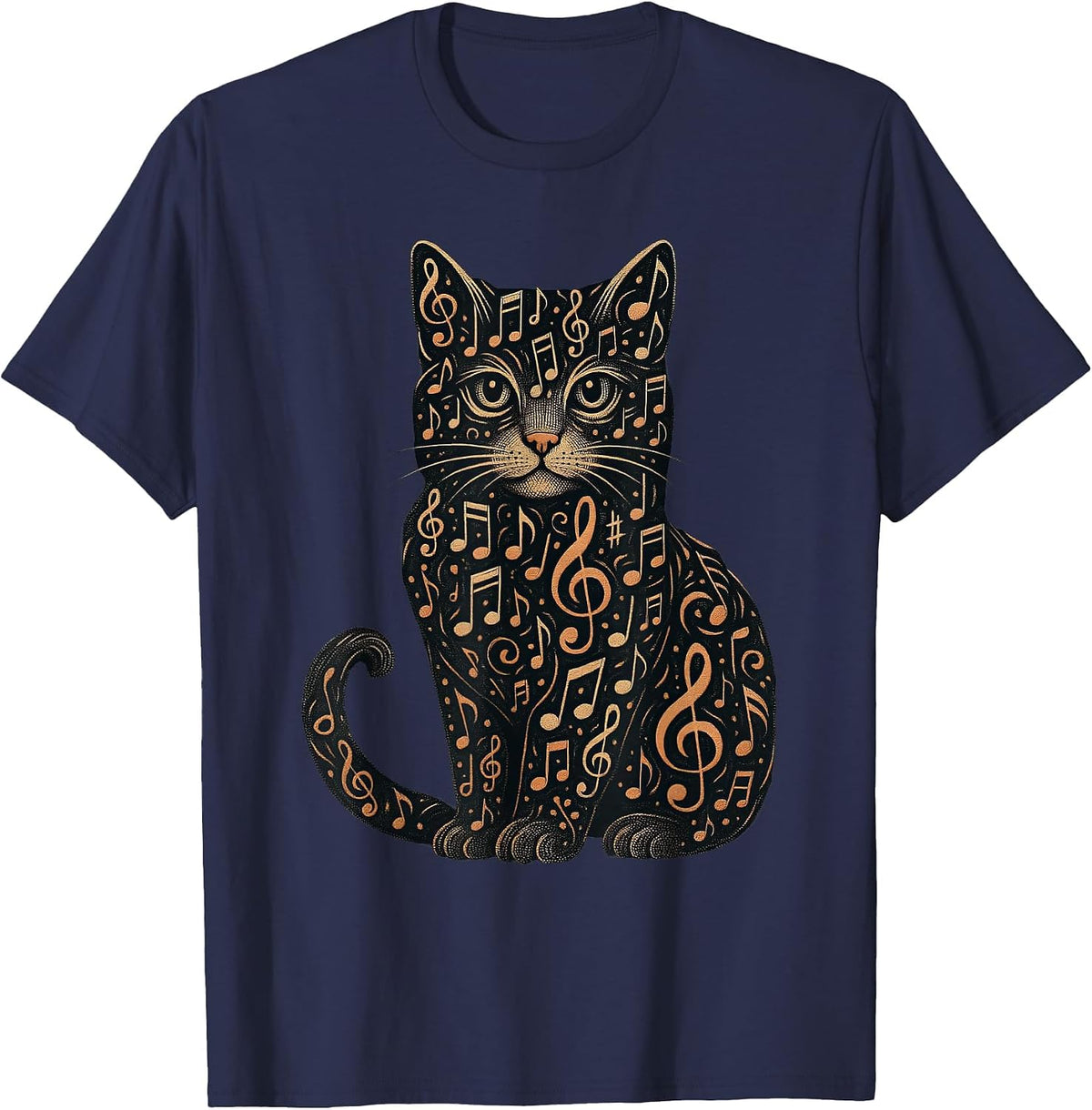 Musical Notes Cat Music Musician T-Shirt - Navy Blue