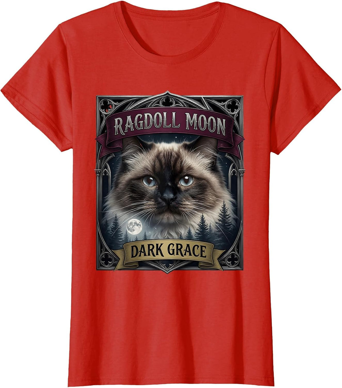 Ragdoll Moon, Dark Grace Gothic Cat Design T-Shirt - Red