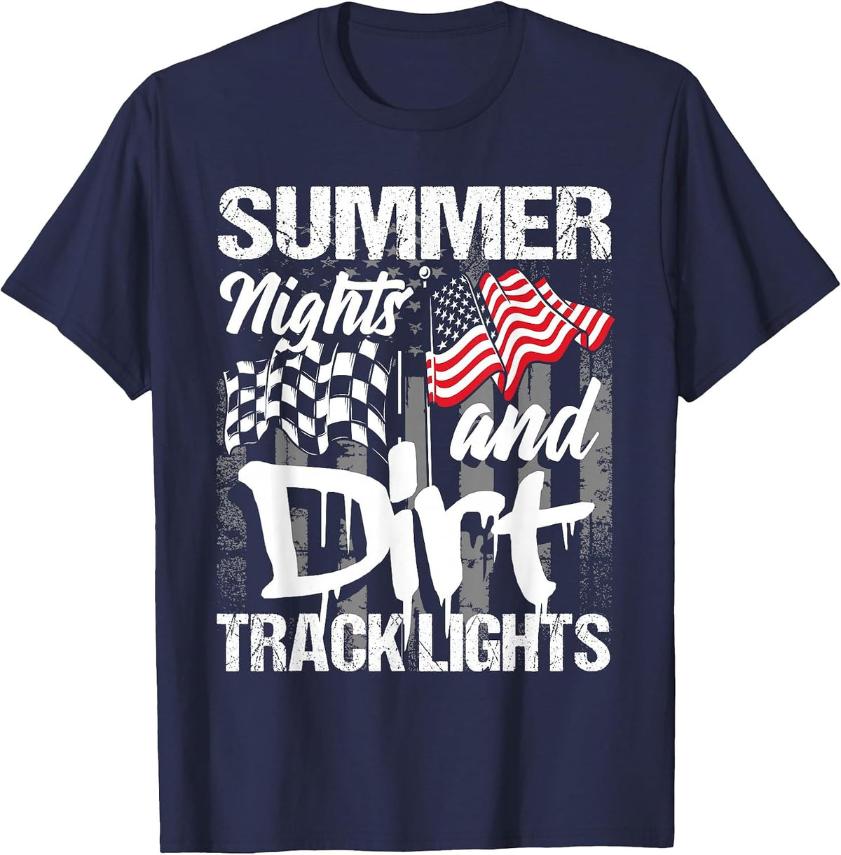 Summer Nights and Dirt Track Lights - Sprint Car Racing T-Shirt - Navy Blue