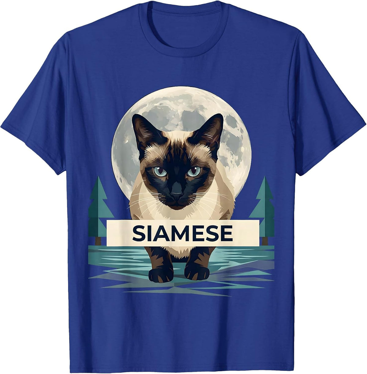 Men's Siamese 90's Retro Moonlit Cat Breed Portrait Vintage T-Shirt - Royal Blue