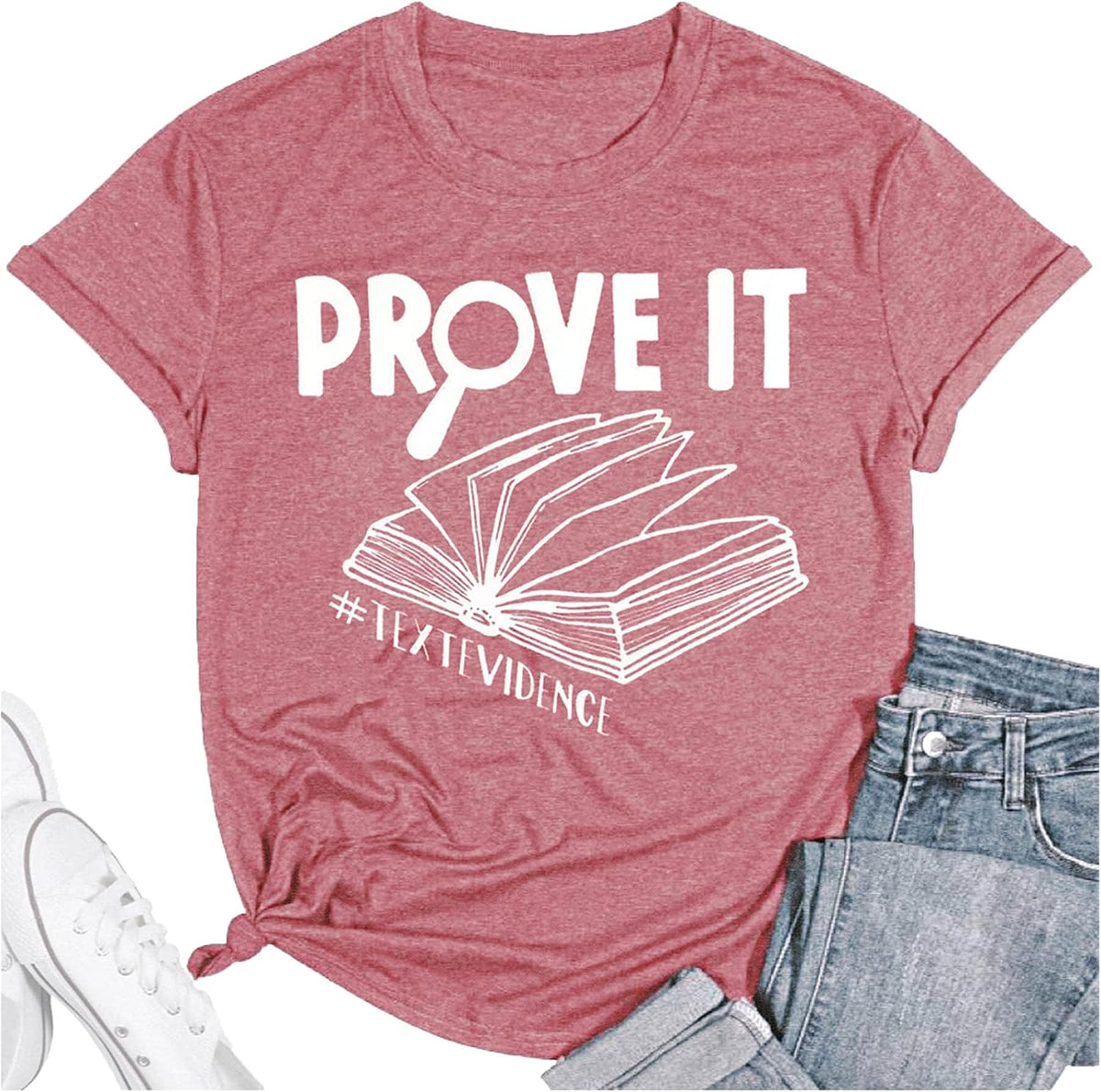 Teacher Shirts for Women Reading Book Graphic Tees with Prove It Text Evidence Letter Print Short Sleeve Tops - Pink