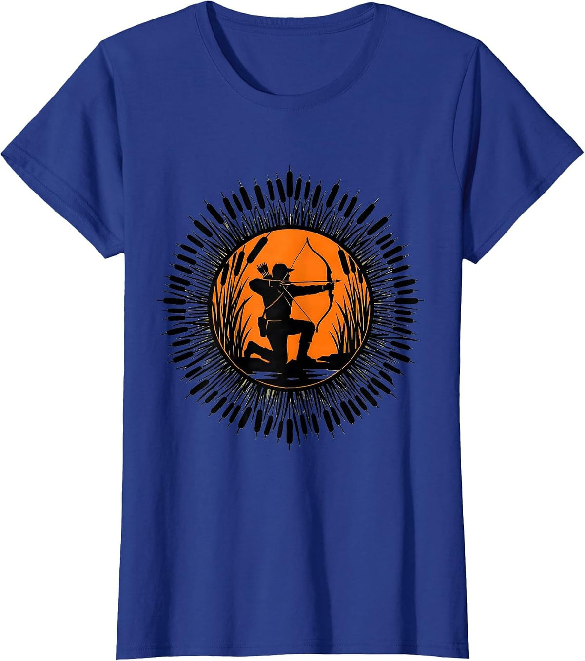 Women's Hunter Kneeling in Marsh Reeds Camouflage Design T-Shirt - Royal Blue