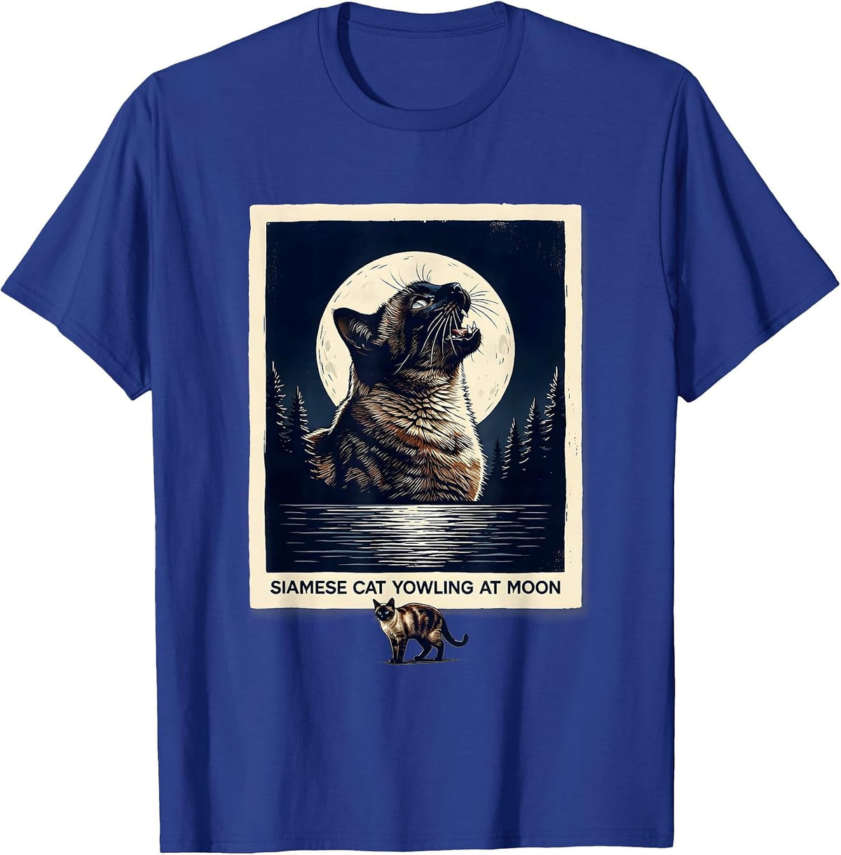 Men's Siamese Cat Yowling at Moon 90's Retro Nature Art T-Shirt - Royal Blue