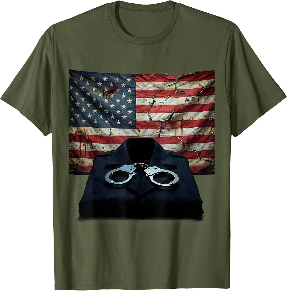 Men's NYPD Handcuffs and Folded Uniform Illustration T-Shirt - Olive Green