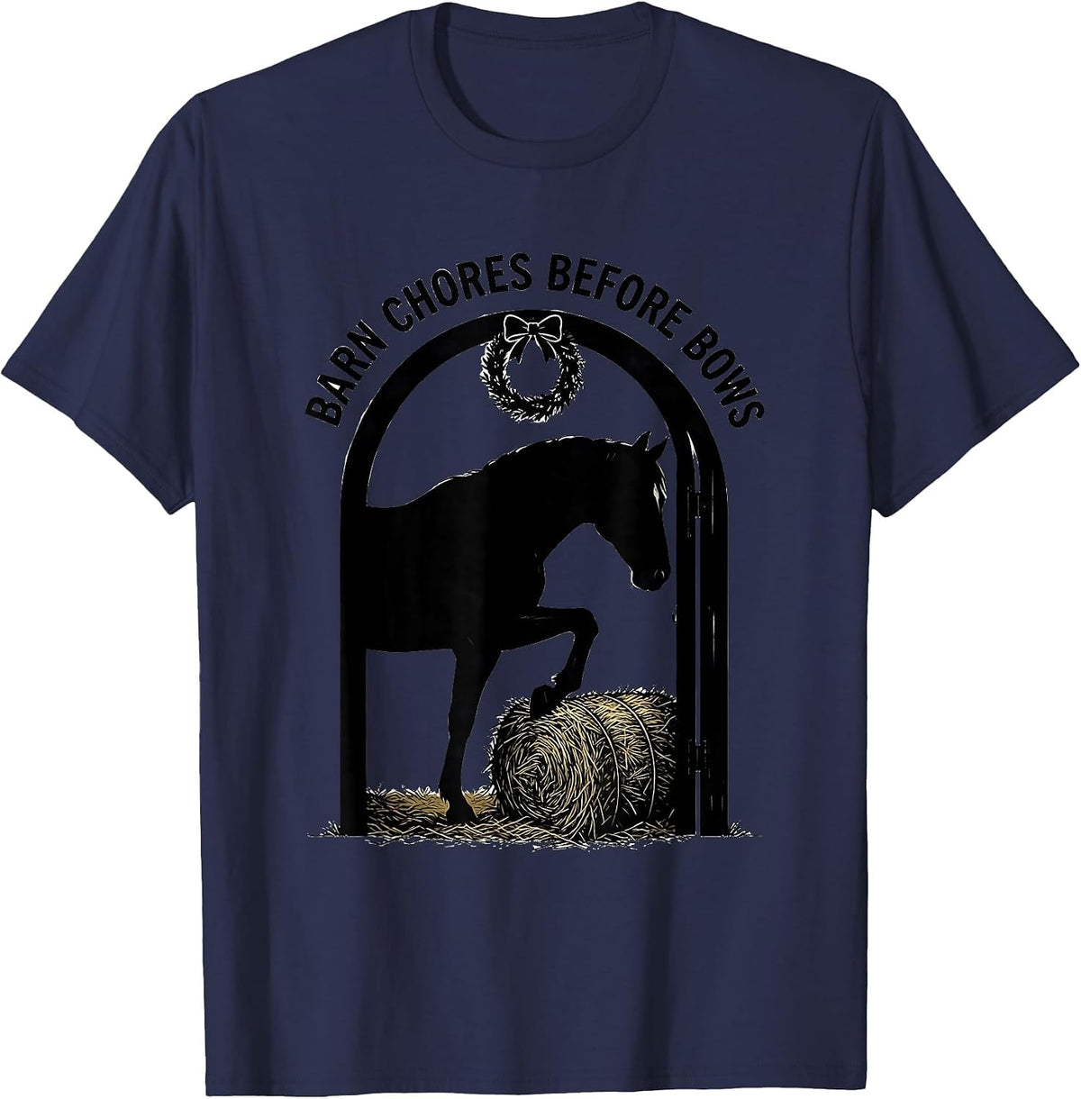 Barn Chores Before Bows Funny Horse Lover Christmas Pajama T-Shirt - Navy Blue