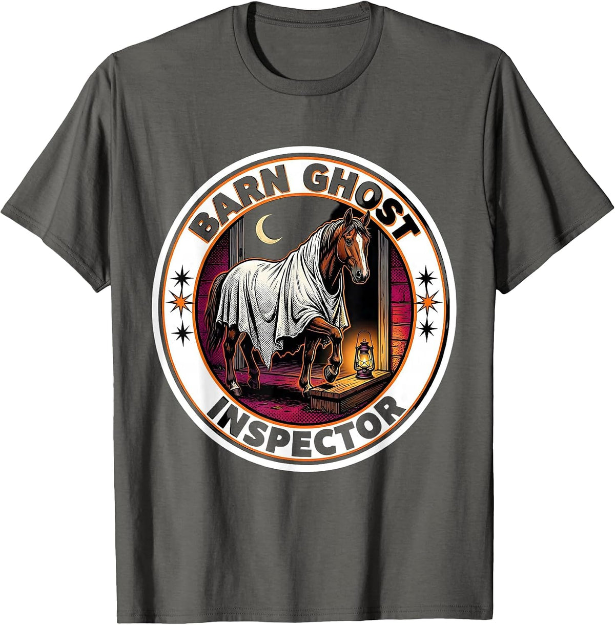 Barn Ghost Inspector Pop Art Halloween Horse Lover Humor T-Shirt - Asphalt Grey