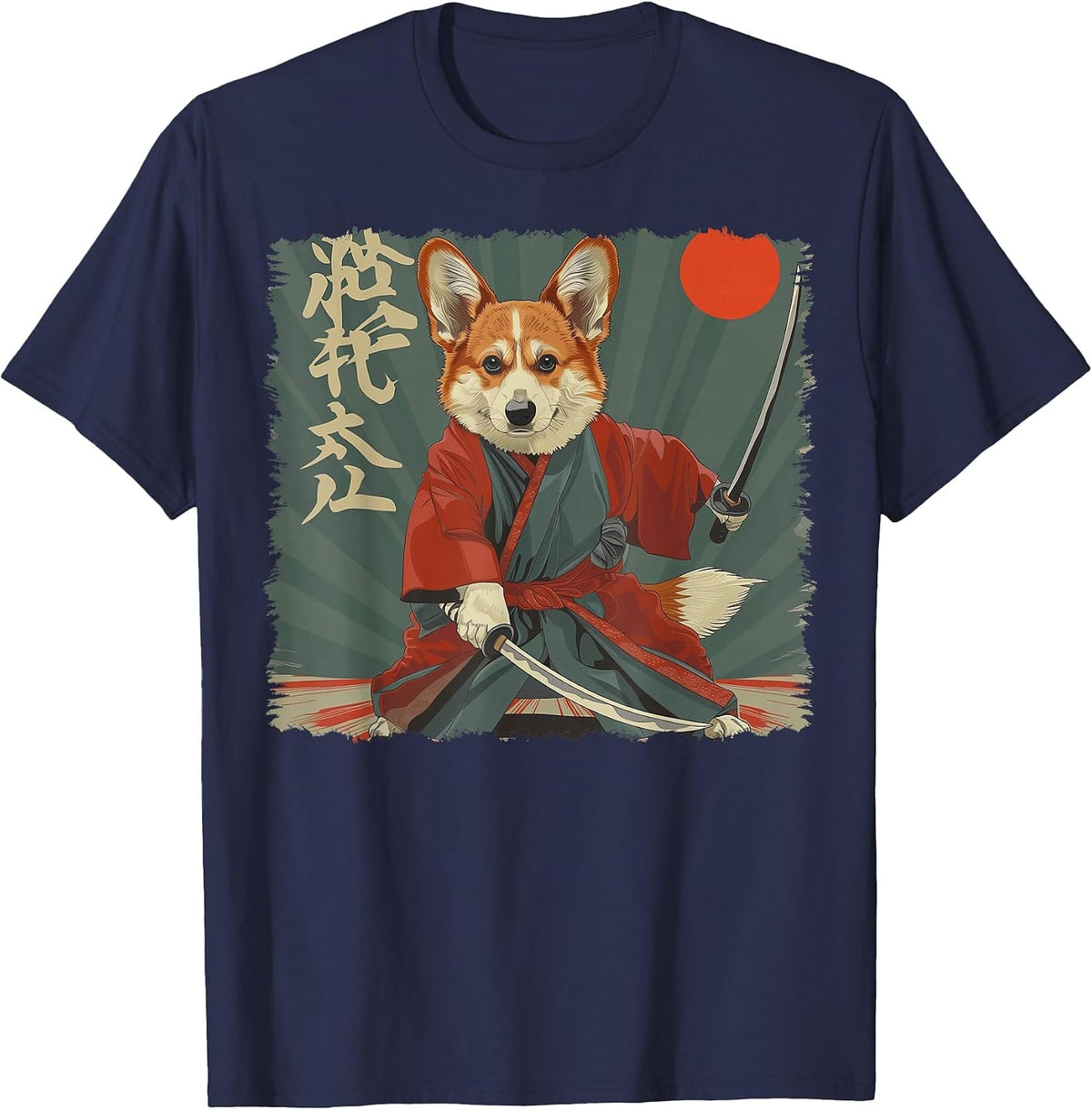 Pembroke Welsh Corgi Dog Japanese Art Samurai Ukiyo-e T-Shirt - Navy Blue