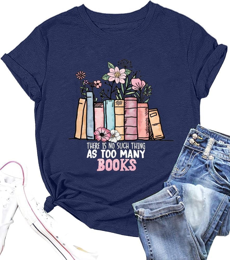 Book Shirts Women Teacher T-Shirt: Book Lover Tees Wildflower Reading Bookish Casual Tee Tops - 1dark Blue